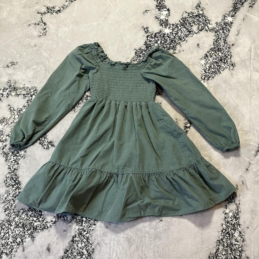 American Eagle Dress‎ Womens Size XS Green Smocked Corduroy Mini Puff Sleeve